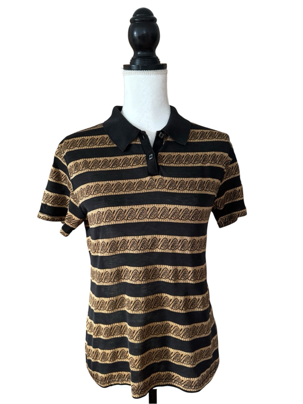 Vintage Como Sport Made in Italy Knit Polo Top Black Camel Textured Stripe Small